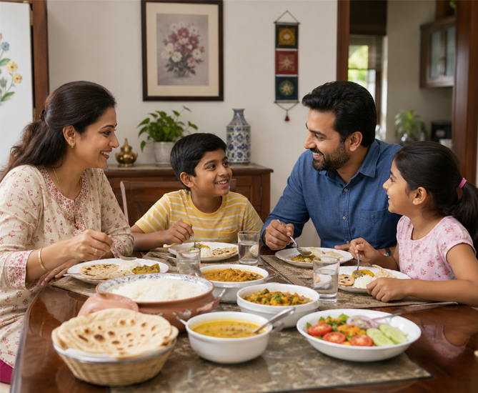Indian family eating a home cooked meal together